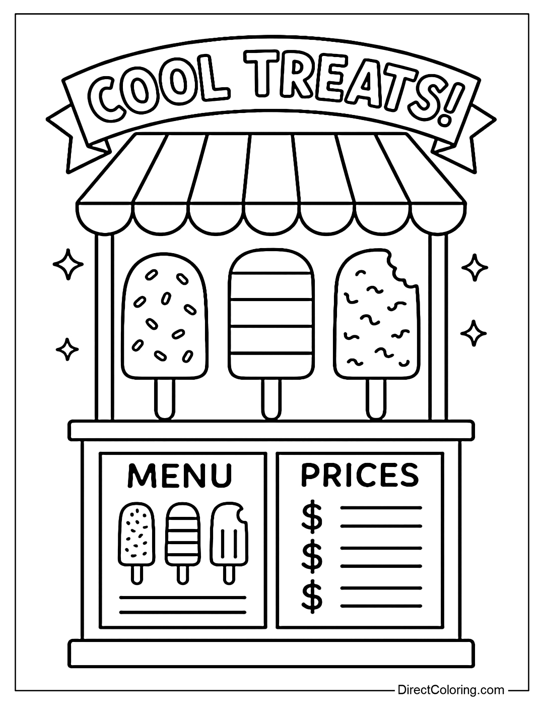 A coloring page of a popsicle stand with a price list, 